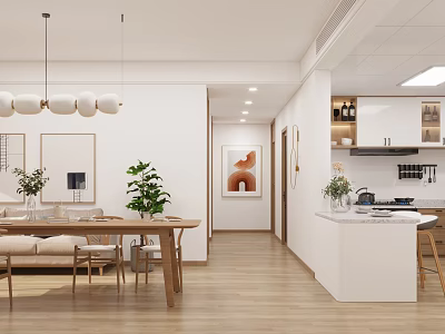 Modern Living and Dining Room Interior With Wooden Table Pendant Lights and Green Plants 3d model
