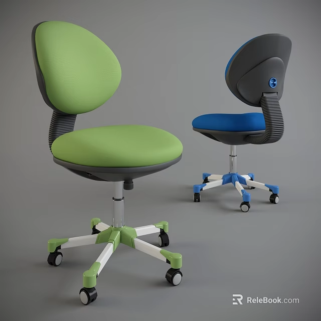 Modern Office Chairs Featuring Green And Blue Seats And Swivel Wheels 3d model 