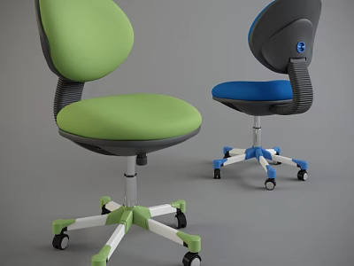 Modern Office Chairs Featuring Green And Blue Seats And Swivel Wheels 3d model