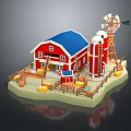 Cartoon Farm Scene with Red Barn Blue Roof Windmill Hay Bales Ladder and Wooden Fence