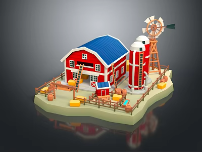 Cartoon Farm Scene with Red Barn Blue Roof Windmill Hay Bales Ladder and Wooden Fence 3d model