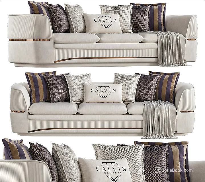 Three-Seater Sofa With Light Colored Upholstery Decorative Pillows And Throw Blanket 3d model 