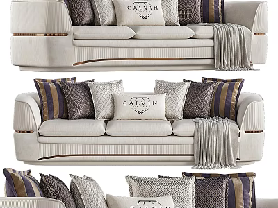 Three-Seater Sofa With Light Colored Upholstery Decorative Pillows And Throw Blanket 3d model
