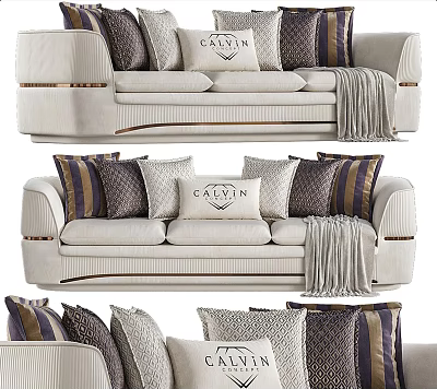 Three-Seater Sofa With Light Colored Upholstery Decorative Pillows And Throw Blanket 3d model