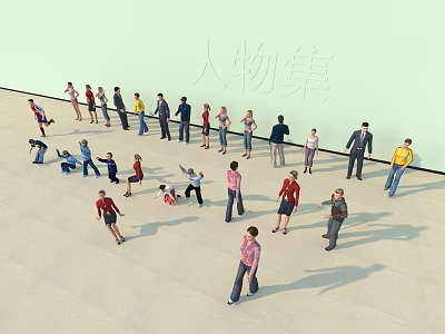 Group of People in Various Poses Standing Sitting and Walking Together 3d model