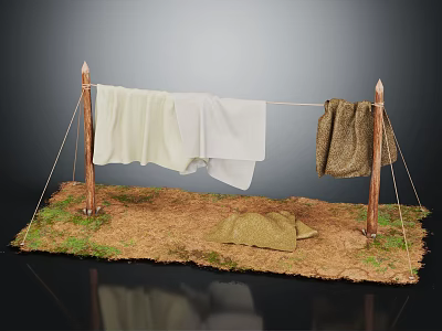 Rustic Clothesline Setup With Wooden Poles Hanging White And Brown Fabrics On Grass Dirt Ground 3d model