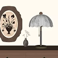 Vintage Table Lamp With Floral Lampshade Gold Base On Wooden Cabinet Near Floral Wall Art