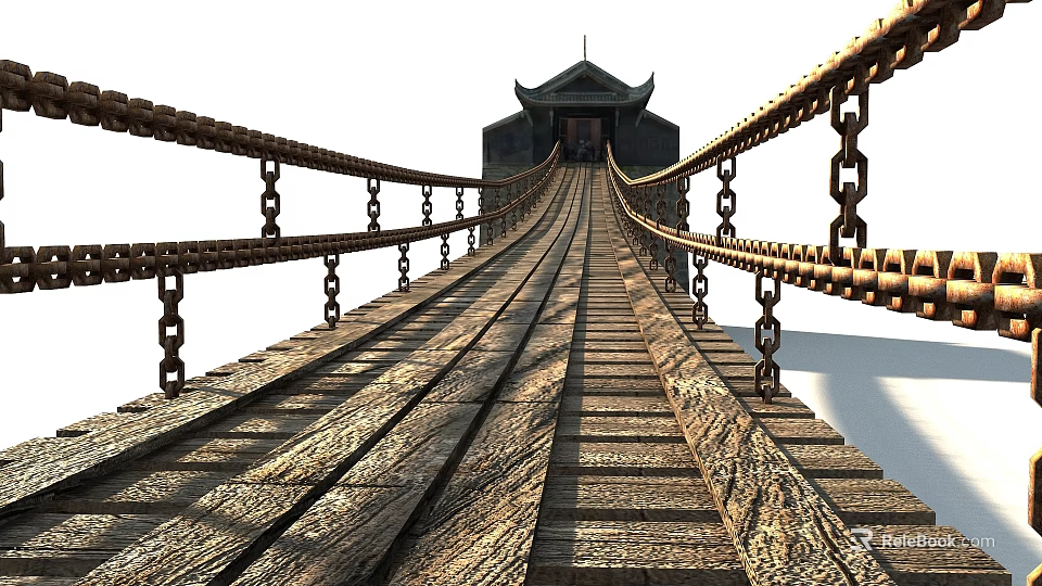 Ancient Suspension Bridge With Wooden Planks Chain Railings And Traditional Chinese Pavilion 3d model 