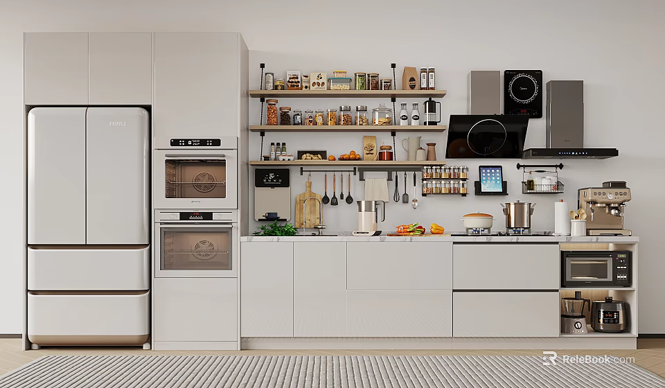 Modern Kitchen Interior Featuring White Cabinets Kitchen Appliances And Spice Jars On Shelves 3d model 