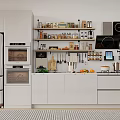 Modern Kitchen Interior Featuring White Cabinets Kitchen Appliances And Spice Jars On Shelves