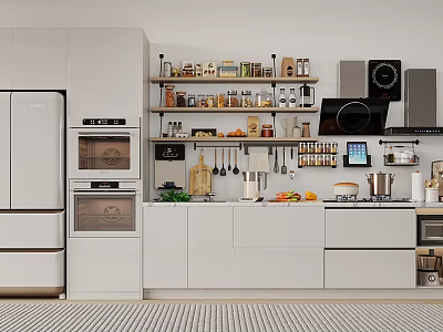 Modern Kitchen Interior Featuring White Cabinets Kitchen Appliances And Spice Jars On Shelves 3d model