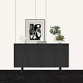 Modern Black Entryway Console Cabinet With Abstract Art White Vases And Green Plant