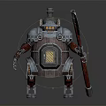 Steampunk Robot Character With Wooden Barrel Body Metal Armor And Axe Weapon