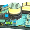 Cartoon Sci Fi Scene With Large Circular Device Pipes Control Panels And Vibrant Mechanical Structures