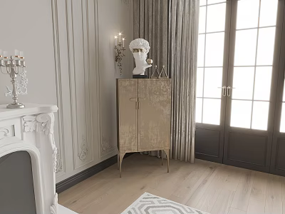Elegant Console Cabinet with White Bust Decor in Classic Interior near Large Windows 3d model