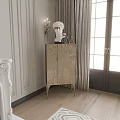 Elegant Console Cabinet with White Bust Decor in Classic Interior near Large Windows