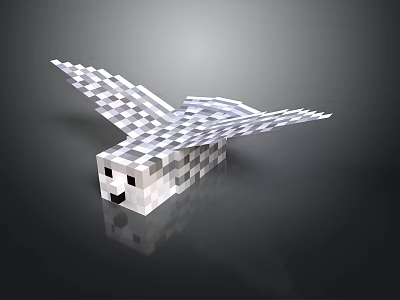 Minecraft Style Pixelated Owl With Spread Wings White And Gray On Black Background 3d model