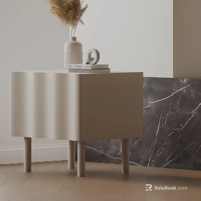 Modern Side Table With Vase Dried Flowers Books And Circular Decor Against Dark Marble Wall 3d model 