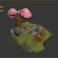 Miniature Garden Scene With Pink Tree Green Grass Rocks Water Pond And Red Mushrooms