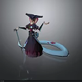 Wide Brim Hat Witch Character With Purple Robe And Blue Serpent Creature Standing Together