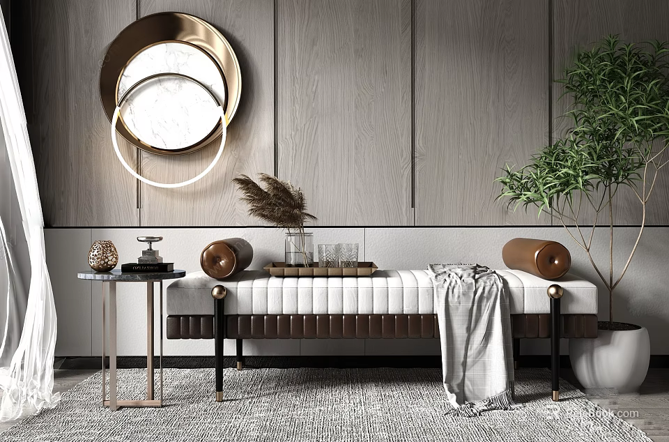 Modern Sofa Bench With Leather Cushions Wooden Legs Side Table Circular Mirror And Green Plant 3d model 