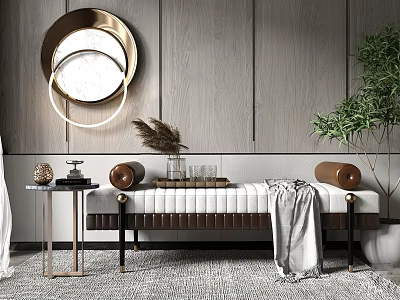 Modern Sofa Bench With Leather Cushions Wooden Legs Side Table Circular Mirror And Green Plant 3d model