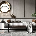 Modern Sofa Bench With Leather Cushions Wooden Legs Side Table Circular Mirror And Green Plant