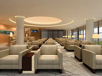 Modern Conference Room Interior With Beige Sofa Chairs Round Ceiling Large Windows And Patterned Carpet 3d model