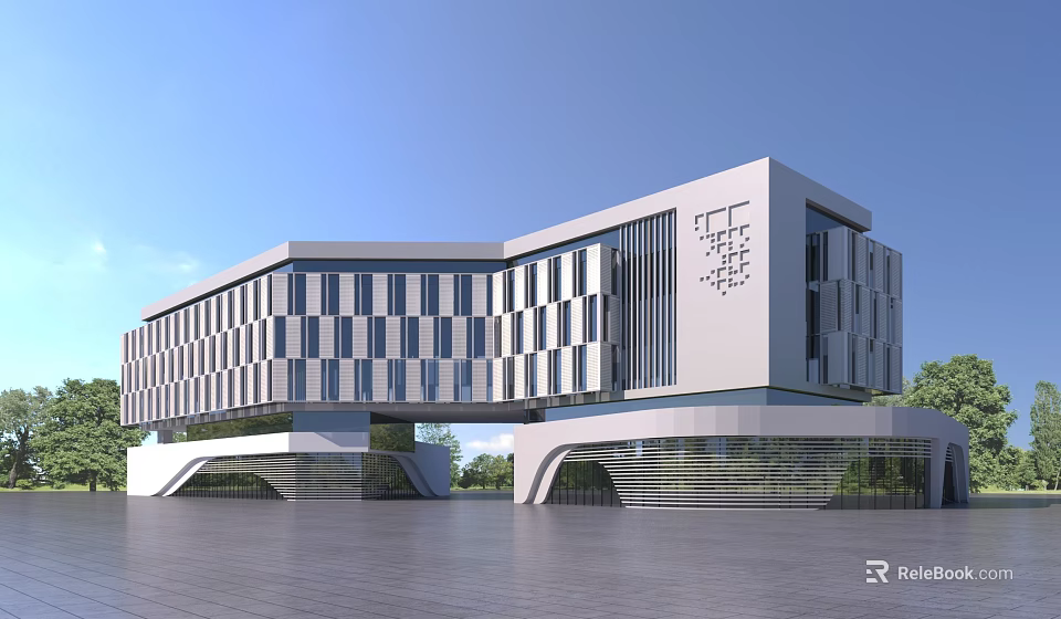 Modern Office Building With Glass Curtain Walls Geometric Design And Spacious Plaza 3d model 