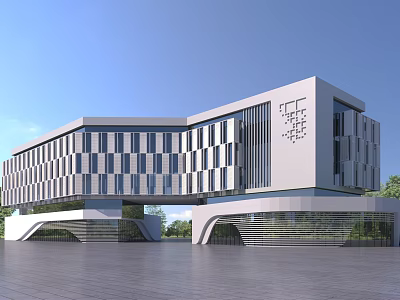 Modern Office Building With Glass Curtain Walls Geometric Design And Spacious Plaza 3d model