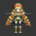 Game And Movie Character With Long Golden Hair Flower Decorated Headpiece Green Outfit Decorated Boots