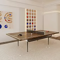 Indoor Sports Equipment Ping Pong Table With Wall Game Panels And Scattered Balls Paddles