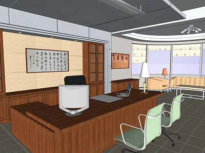 Traditional Office Interior With Wooden Desk Computer Monitor Laptop Green Chairs Calligraphy Decor And Sofa 3d model