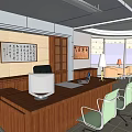Traditional Office Interior With Wooden Desk Computer Monitor Laptop Green Chairs Calligraphy Decor And Sofa