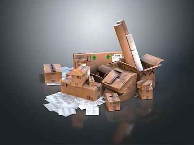 Open and Stacked Cardboard Boxes with Packing Materials on Dark Surface 3d model