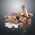Open and Stacked Cardboard Boxes with Packing Materials on Dark Surface 3d model