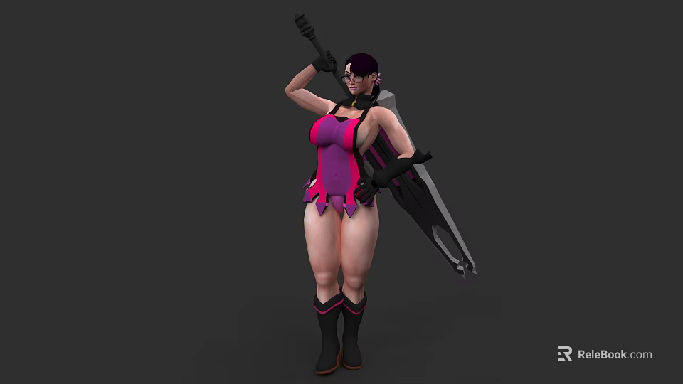 Powerful Female Game Character With Purple Hair Purple Pink Bodysuit And Large Weapon 3d model 