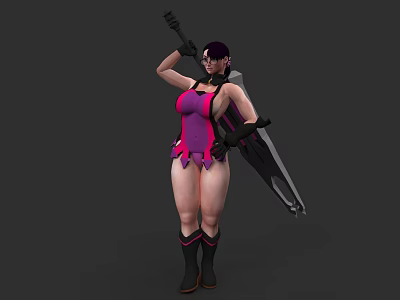 Powerful Female Game Character With Purple Hair Purple Pink Bodysuit And Large Weapon 3d model