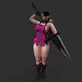 Powerful Female Game Character With Purple Hair Purple Pink Bodysuit And Large Weapon