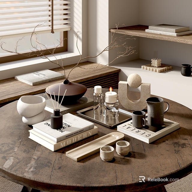 Minimalist Decorative Ornaments Set With Mugs Candles Trays And Books On Wooden Tabletop 3d model 