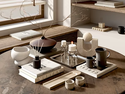 Minimalist Decorative Ornaments Set With Mugs Candles Trays And Books On Wooden Tabletop 3d model