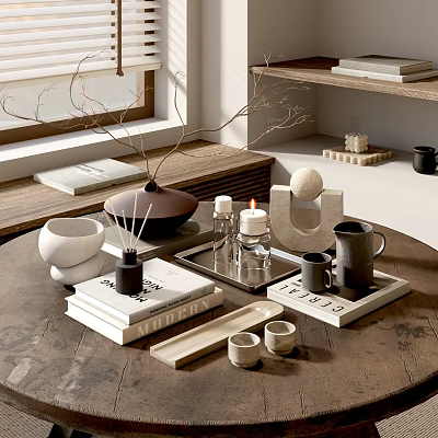Minimalist Decorative Ornaments Set With Mugs Candles Trays And Books On Wooden Tabletop 3d model