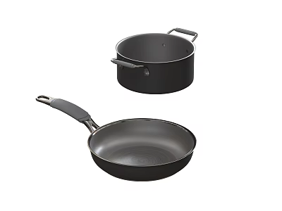Black Non Stick Frying Pan And Double Handle Cooking Pot Set 3d model