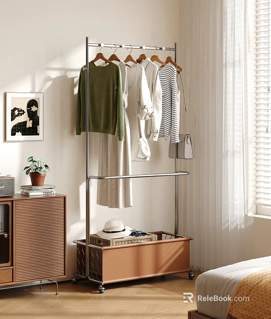 Modern Metal Clothes Rack With Hanging Sweaters Shirts And Storage Box 3d model 