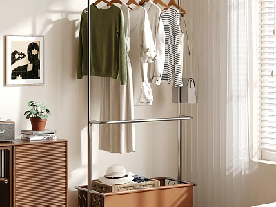 Modern Metal Clothes Rack With Hanging Sweaters Shirts And Storage Box 3d model