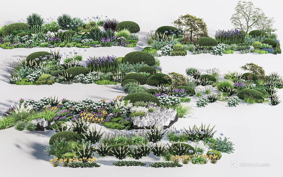 Various Garden Flowers And Bushes With Purple White Blooms And Green Plants 3d model 