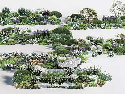 Various Garden Flowers And Bushes With Purple White Blooms And Green Plants 3d model