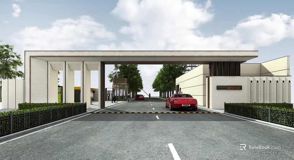 Modern Entrance Gate Driveway Featuring Red Sports Car And Tree Lined Avenue 3d model 