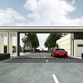 Modern Entrance Gate Driveway Featuring Red Sports Car And Tree Lined Avenue