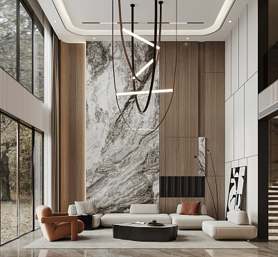 Modern Living Room Interior With Sectional Sofa Hanging Chandelier And Floor To Ceiling Windows 3d model